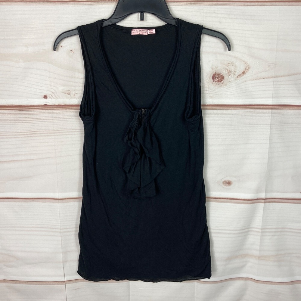 Juicy Couture Top Womens S Black Ruffle Tank Sleeveless V-Neck 1/2 Zipper Knit‎